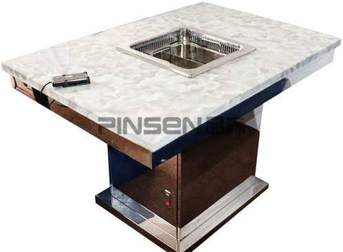 白色大理石四人六人沉降式自凈化長(zhǎng)方形無煙火鍋餐桌